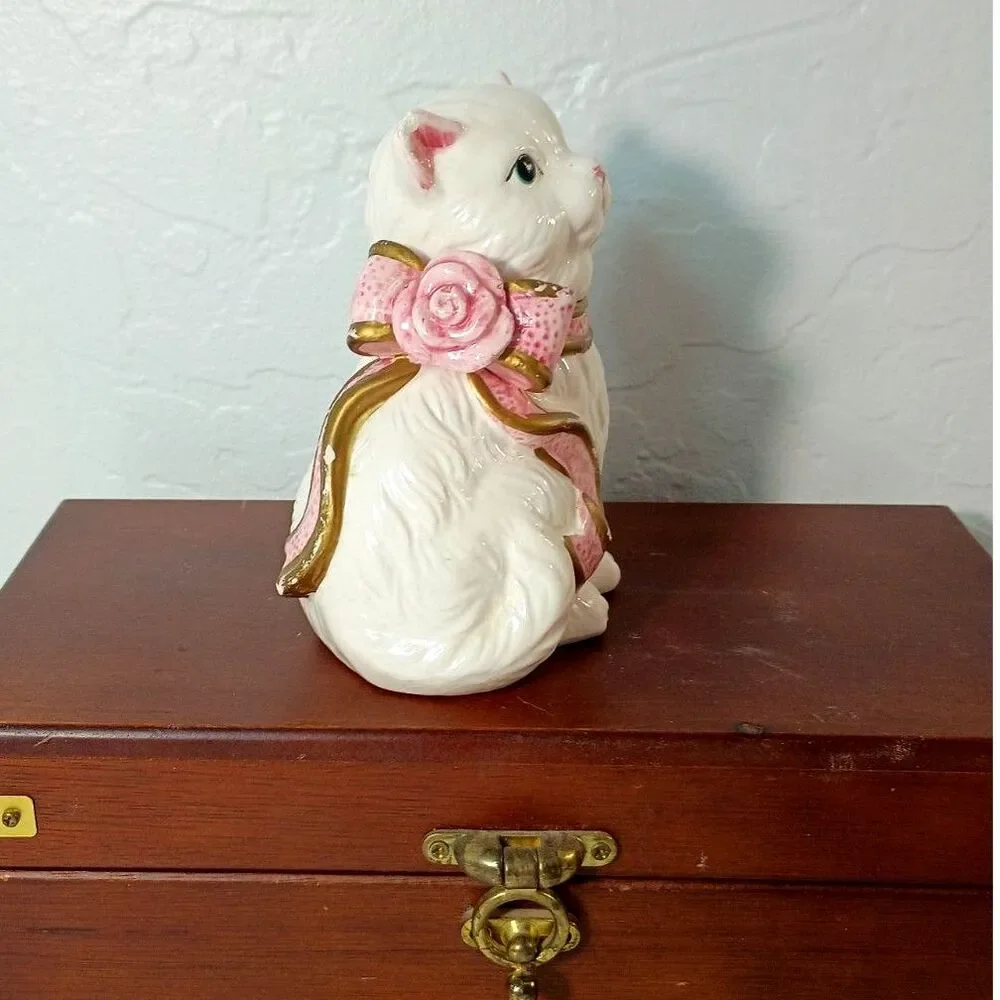 Ceramic Figurine Set White Persian Kittens adorned with pink ribbon collars~VTG~